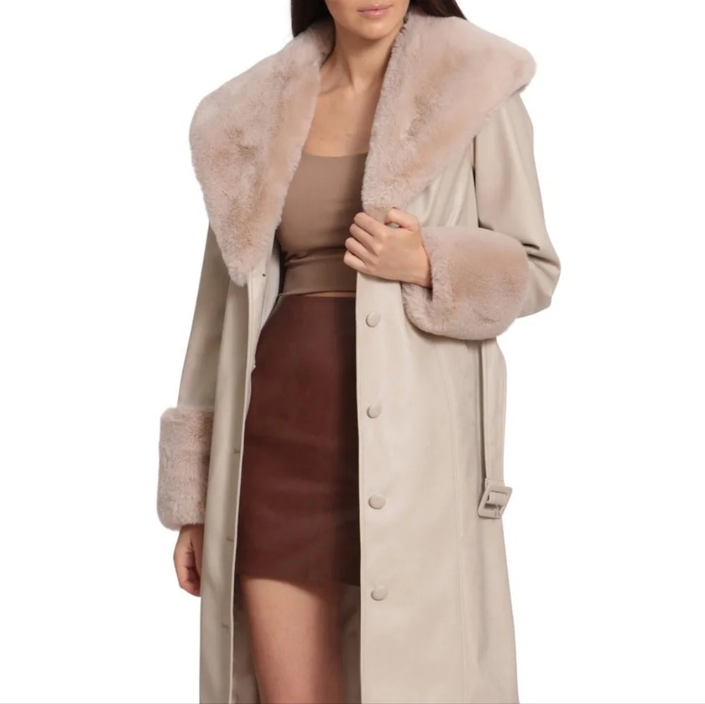NWT AVEC LES FILLES | Faux-fur Trimmed Faux-leather Trench Coat - Picture 4 of 7